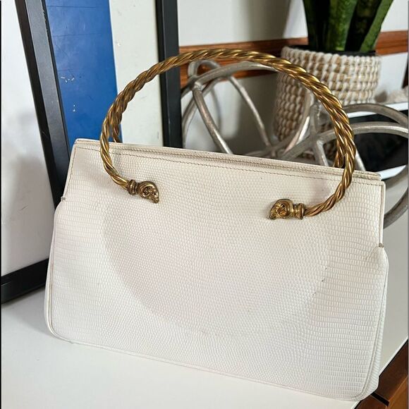 Rare 1960s / 1970s Ibex Ram Twisted Brass Top Handle Embossed Leather Handbag - Picture 1 of 15